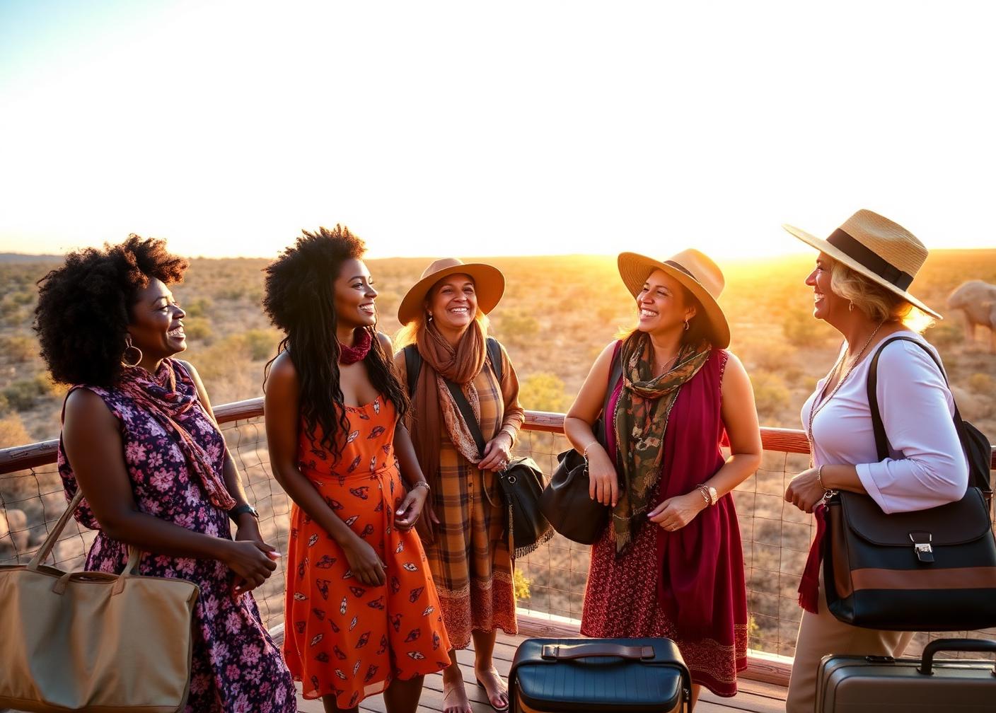 Diverse women friends travelling together at a safari lodge at golden hour